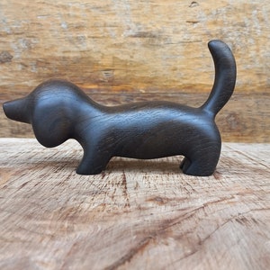 Hand carved wooden figurine "The Dachshund", little animal statuette, black bog oak dog sculpture