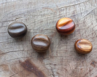 May include: Five wooden, round, smooth, and polished objects with different wood grain patterns. The objects are arranged on a wooden surface.