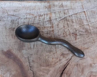 Hand Carved Bog Oak Scoop - Curved Coffee Scoop - Black Wooden Spoon With curved Handle - Measuring Spoon