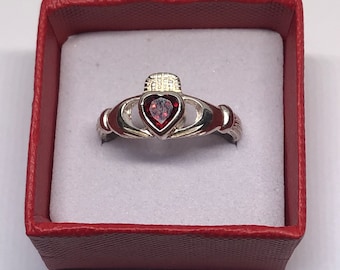 Sterling Silver Claddagh Red CZ Ring, Ring Size 8