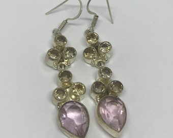 Sterling Silver Amethyst and Quartz Dangle Earrings