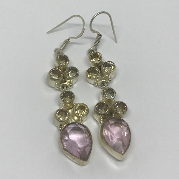 Sterling Silver Amethyst and Quartz Dangle Earrin… - image 1