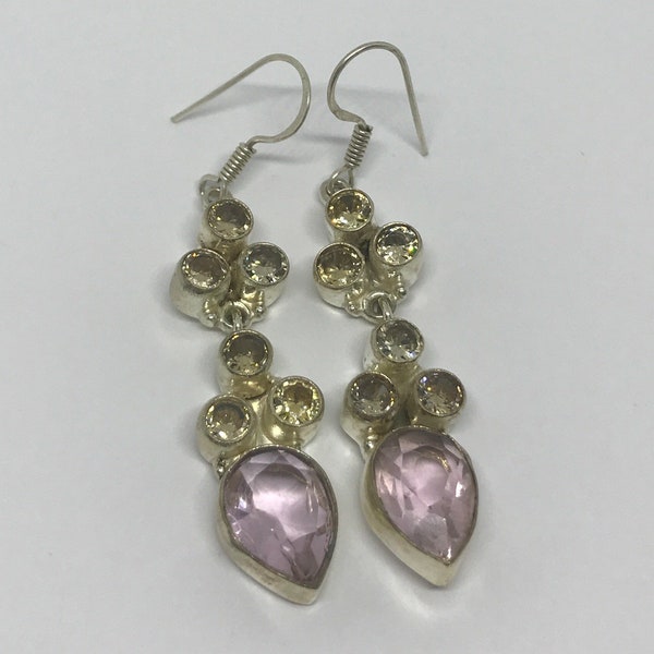 Sterling Silver Amethyst and Quartz Dangle Earrings