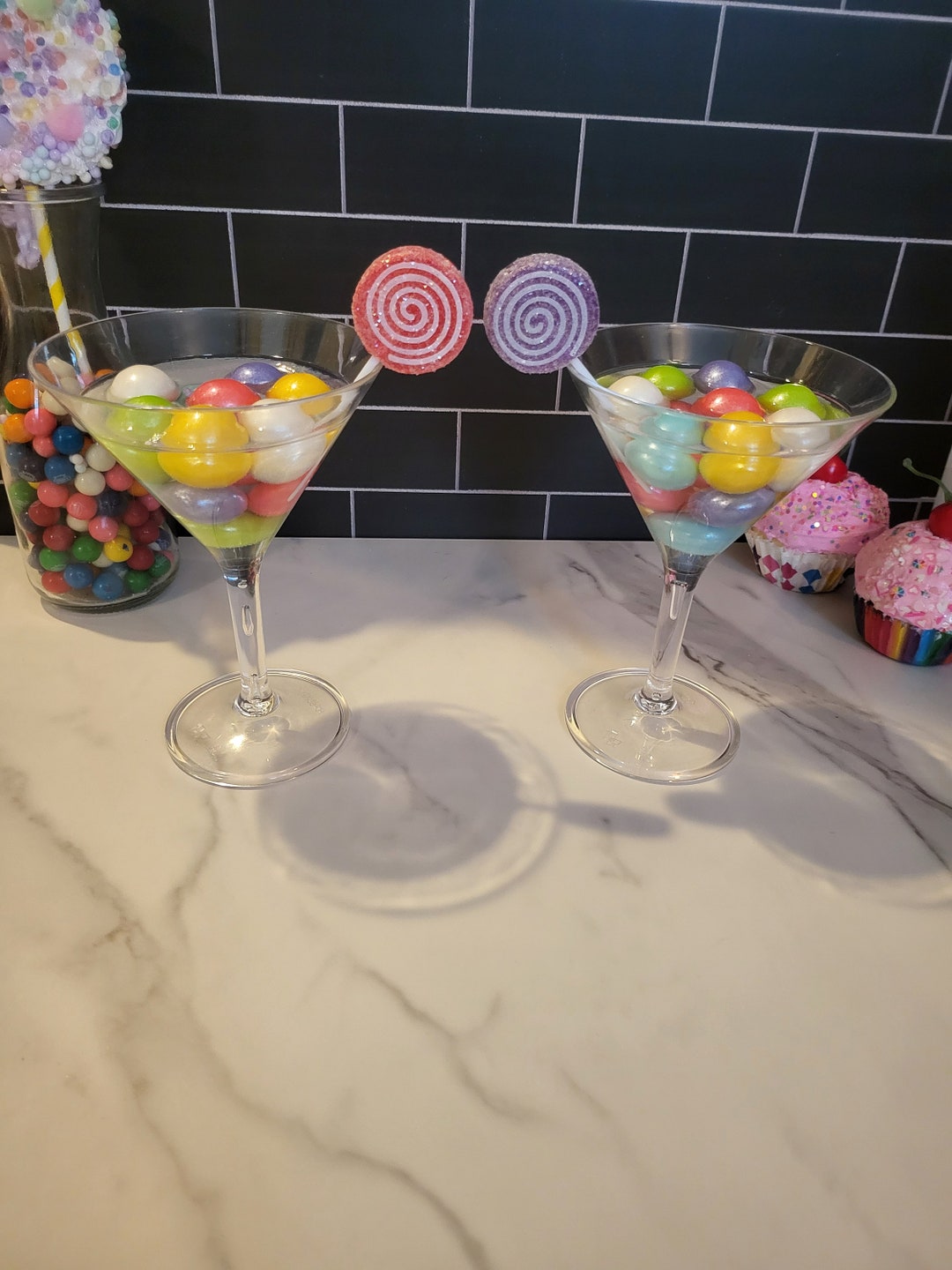 2 Fun Fake Martini With Gumballs and a Lollipop. the Martini Glass is