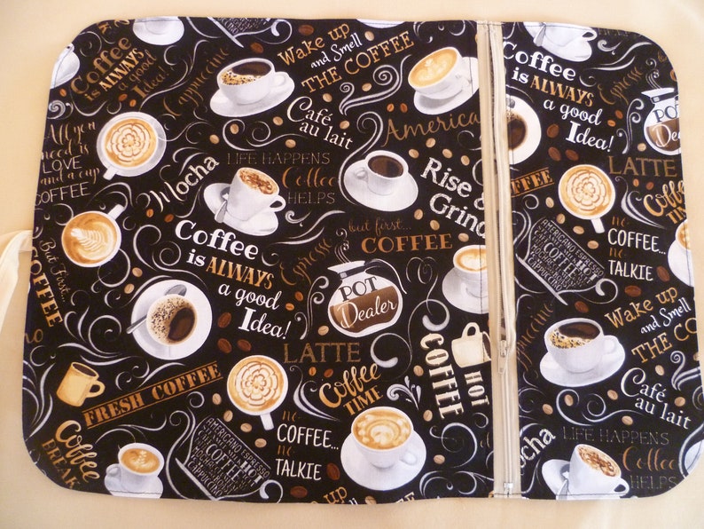 'What's your coffee' themed placemat with zipped compartment school or work coffee lover gift for yourself camping and picnic image 3