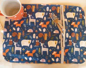 Lunch placemat - rollable - 'cute animals' theme - school or work - camping and picnic - gift for any occasion - for yourself