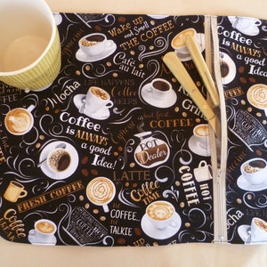 'What's your coffee' themed placemat with zipped compartment school or work coffee lover gift for yourself camping and picnic image 1