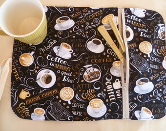 'What's your coffee?' themed placemat - with zipped compartment - school or work - coffee lover - gift - for yourself - camping and picnic