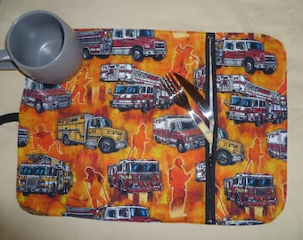 Lunch placemat - 'Firefighters background' theme - rollable for lunch box - work or school - picnic or camping - gift or for yourself