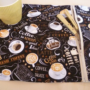 'What's your coffee' themed placemat with zipped compartment school or work coffee lover gift for yourself camping and picnic image 2