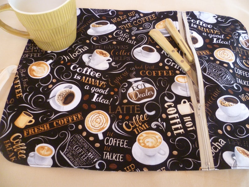 'What's your coffee' themed placemat with zipped compartment school or work coffee lover gift for yourself camping and picnic image 2