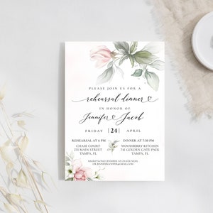 Blush rosa rosa azul plantilla de invitación de ensayo, invitación de ensayo de boda, invitación de cena de ensayo, Templett, 100% editable, A1