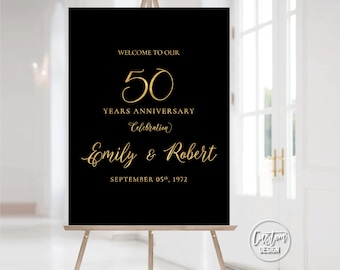 Minimalist 50th Wedding Anniversary Welcome Sign, Black & Gold Celebration (Digital Printable)
