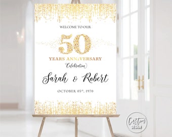 Modern 50th Wedding Anniversary Welcome Sign, Gold Confetti (Digital Download)