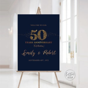 Personalisiertes Design, Marineblaues 50-jähriges Jubiläumsschild, 50-jähriges Jubiläumsschild, druckbares Jubiläumsschild, 50-jähriges Jubiläum Dekoration, Gold
