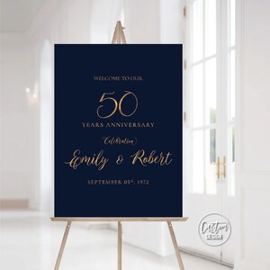 Personalisiertes Design, Marineblaues 50-jähriges Jubiläumsschild, 50-jähriges Jubiläumsschild, druckbares Jubiläumsschild, 50-jähriges Jubiläum Dekoration, Gold