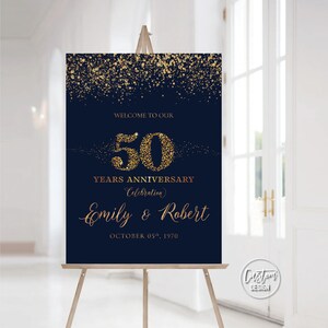 Personalisiertes Design, Marineblaues 50-jähriges Jubiläumsschild, 50-jähriges Jubiläumsschild, druckbares Jubiläumsschild, 50-jähriges Jubiläum Dekoration, Gold