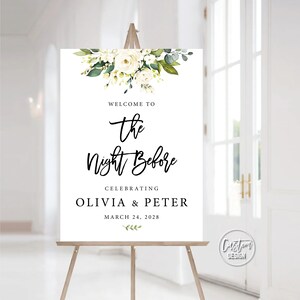 Custom Design, White Roses Rehearsal Dinner Welcome Sign, The Night Before Sign, Wedding Rehearsal Sign, Cream Roses Rehearsal Sign, WR1