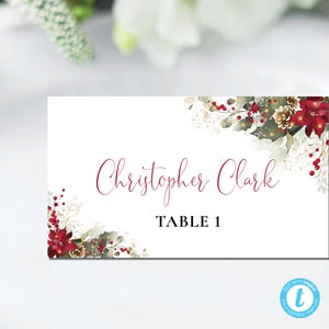 Modelo de cartões de lugar de casamento de Natal, cartão de nome de mesa de Natal, plano e tenda dobrada, poinsétia vermelha, poinsétia e luzes, CHS1