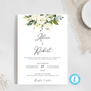 Weiße Rosen Hochzeitseinladung Vorlage, Hochzeit einladen Vorlage, Templett, 100% bearbeitbar, WR1