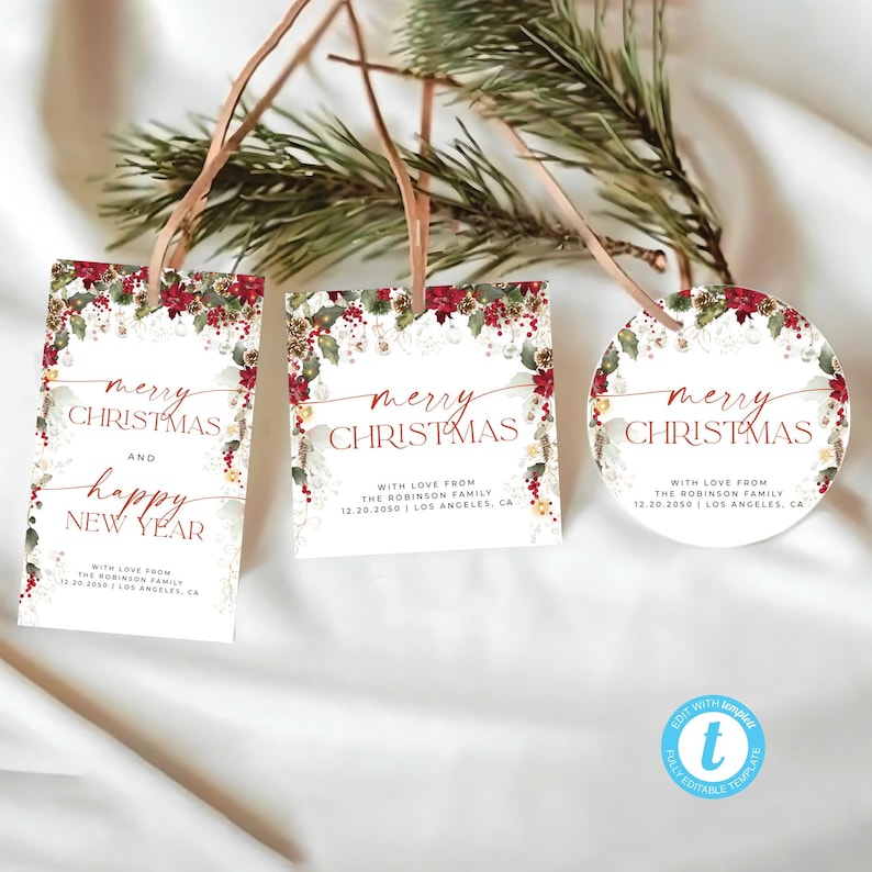 Christmas Gift Tags, Editable Template, Red Poinsettia Floral (digital ...