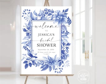 Blue Floral Bridal Shower Welcome Sign, Chinoiserie Watercolor (Digital Printable)