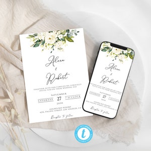 Weiße Rosen Hochzeitseinladungsvorlage, Weiße Rosen Elektronische Hochzeitseinladung, Hochzeitseinladungsvorlage, Templett, 100% bearbeitbar, WR1