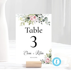 Modelo de número de mesa de casamento de rosas rosa blush verde, números de mesa blush para impressão, cartão de mesa de casamento para impressão, 100% editável, GB1