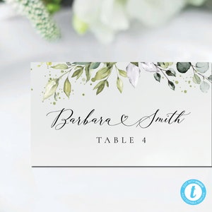 Plantilla de tarjetas de lugar de boda de vegetación, tarjeta de nombre de mesa, plano y tienda plegada, tarjeta de nombre de plantilla, tarjeta de lugar imprimible, editable, HEB-22A