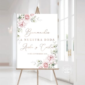 Conception personnalisée, enseigne Bienvenidos A Nuestra Boda roses rose poudré, enseigne de mariage espagnol, affiche Bienvenidos, enseigne roses rose poudré, A2