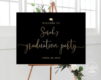 Letrero de bienvenida para fiesta de graduación en negro y dorado, decoración minimalista (impresión digital)