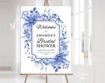 Blue Porcelain Bridal Shower Welcome Sign, Bridal Shower Welcome Sign, Floral Chinoiserie Bridal Brunch Sign, Watercolor Flower, BPa