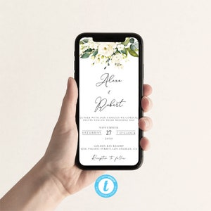 Weiße Rosen elektronische Hochzeitseinladungsvorlage, Hochzeitseinladung, iPhone, umweltfreundlich, digital, 100% bearbeitbar, Boho, WR1