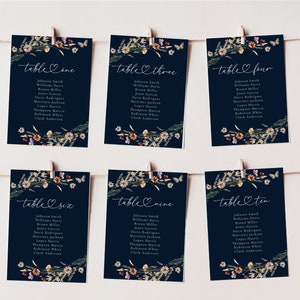Marineblauwe wilde bloemen hangende zitplaatsen grafiek bruiloft sjabloon, kleine bloemen hangende zitplaatsen grafiek teken, Boho, Templett, bewerkbaar, WF3N