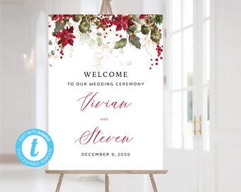 Christmas Wedding Welcome Sign, Christmas Wedding Welcome Sign Editable, Holiday Welcome Sign, Red Poinsettia, Poinsettia and Lights, CHS2