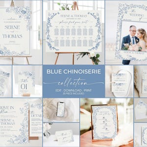 Blue Toile Wedding Mega Bundle, French Floral Wedding Bundle 35 Pieces, Toile De Jouy Wedding, Chinoiserie Floral Wedding Decor, Modern, BCA