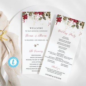 Peut inclure: Un programme de cérémonie de mariage avec un motif floral composé de poinsettias rouges et de feuilles vertes. Le programme comprend les noms de la mariée et du marié, Vivian et Steven, la date du mariage, le 9 décembre 2050, et le lieu, Los Angeles, Californie. Le programme comprend également l'ordre de la cérémonie et les noms des membres de la fête de mariage.