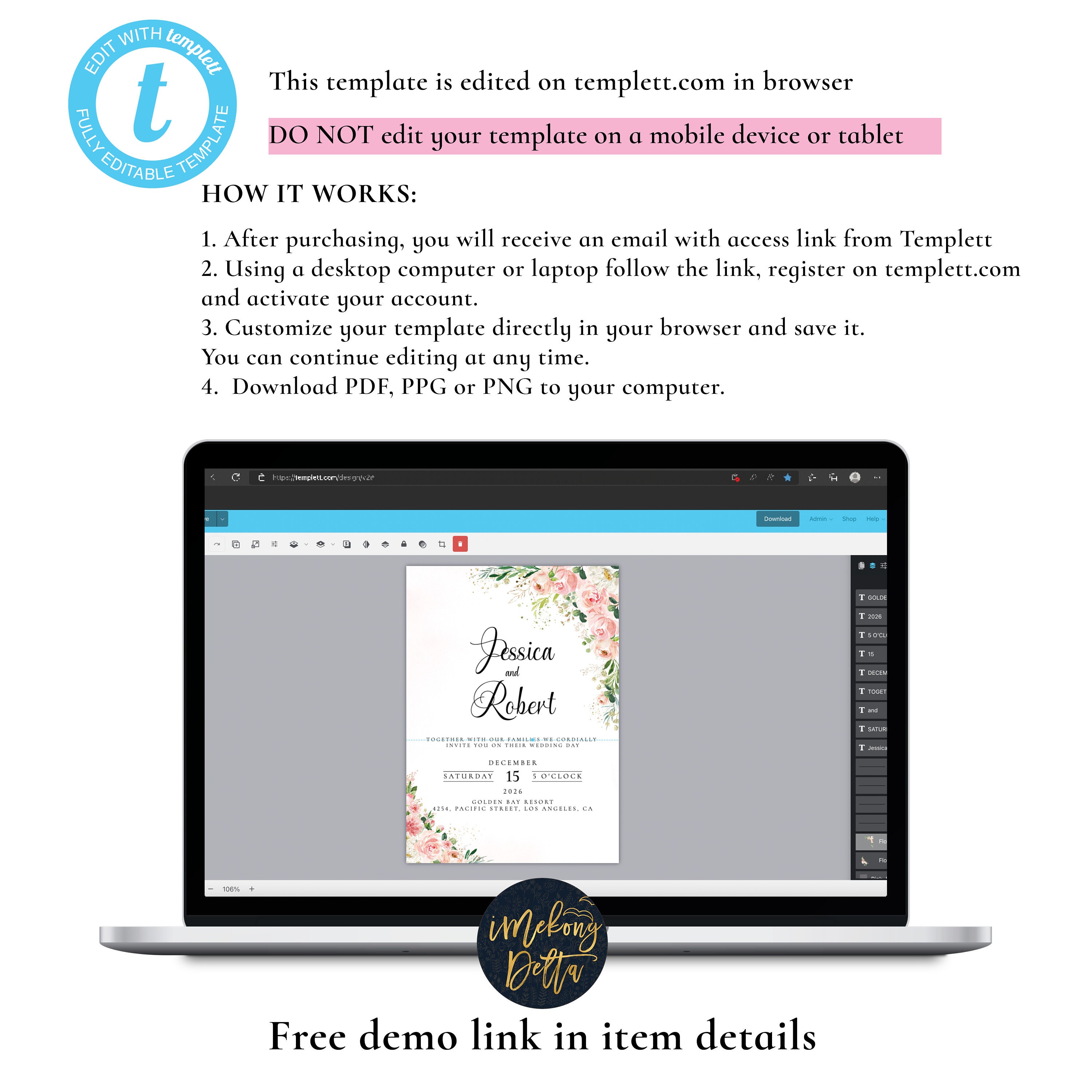 Blush Pink Floral Wedding Invitation Set, Editable Template