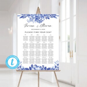 Plantilla de signo de bienvenida de tabla de asientos de boda de porcelana azul, tabla de asientos, editable, Templett, chinoiserie floral, flor de acuarela, BPc