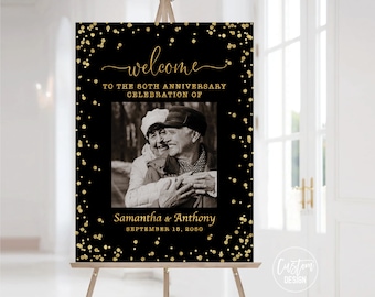 Modern 50th Wedding Anniversary Welcome Sign: Black & Gold Photo Poster (Digital Printable)