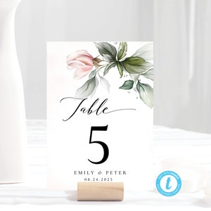 Modelo de número de mesa de casamento de rosas rosa blush, números de mesa blush para impressão, cartão de mesa de casamento imprimível, 100% editável, A1