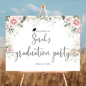 Blush pink roses Graduation Party Welcome Sign, Grad Party Sign, Graduation Decorations, Graduation Banner, Blush pink roses, A3