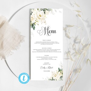 Plantilla de tarjeta de menú de rosas blancas, plantilla de menú de bodas de rosas blancas, menú de bodas de rosas blancas, tarjeta de menú, Templett, 100% editable, WR3