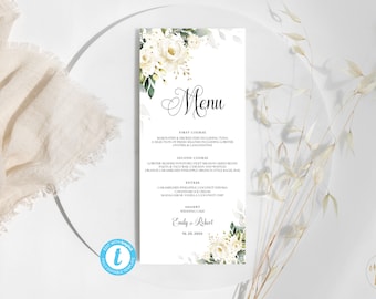 Witte rozen menukaartsjabloon, witte rozen bruiloft menusjabloon, witte rozen bruiloftsmenu, menukaart, Templett, 100% bewerkbaar, WR3