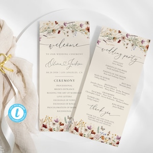 Boho wilde bloemen bruiloft programma sjabloon, kleine bloemen bruiloft programma, bruiloft programma, Boho, kleine bloemen, Templett, bewerkbaar, WF3B