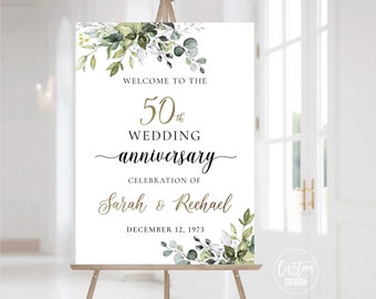Custom design, 50th anniversary sign, 50th Anniversary decoration, 50th anniversary poster, Gold Greenery, Eucalyptus, Herbal, HEB-22A