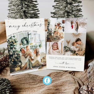 Modelo de cartão de Natal moderno, cartão de Natal com foto minimalista, cartão de Natal com foto de família, cartão de Natal com colagem de fotos, decoração de Natal