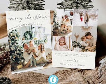 May include: A Christmas card with a collage of family photos. The card has a white background with a brown textured overlay. The text "merry christmas" is written in black cursive script. The text "THE WILLIAMS FAMILY - 2050" is written in black below the greeting. The card also includes the text "SENDING YOU LOVE, JOY, AND WARM WISHES FOR A MAGICAL CHRISTMAS AND A HAPPY NEW YEAR with love ANNA, DANIEL & MICHEAL".