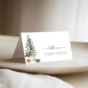 Modelo de cartão de lugar para festa de Natal, cartão de lugar para árvore de Natal editável, cartão de lugar para brunch de Natal, decorações para festa de Natal, CTR