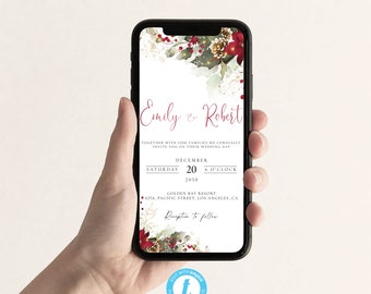 Könnte beinhalten: Eine digitale Hochzeitseinladung mit Winterthema. Die Einladung zeigt ein rotes und grünes Blumenmuster mit goldenen Glitzerakzenten. Der Text lautet "Emily & Robert" und enthält Datum, Uhrzeit und Ort der Hochzeit.